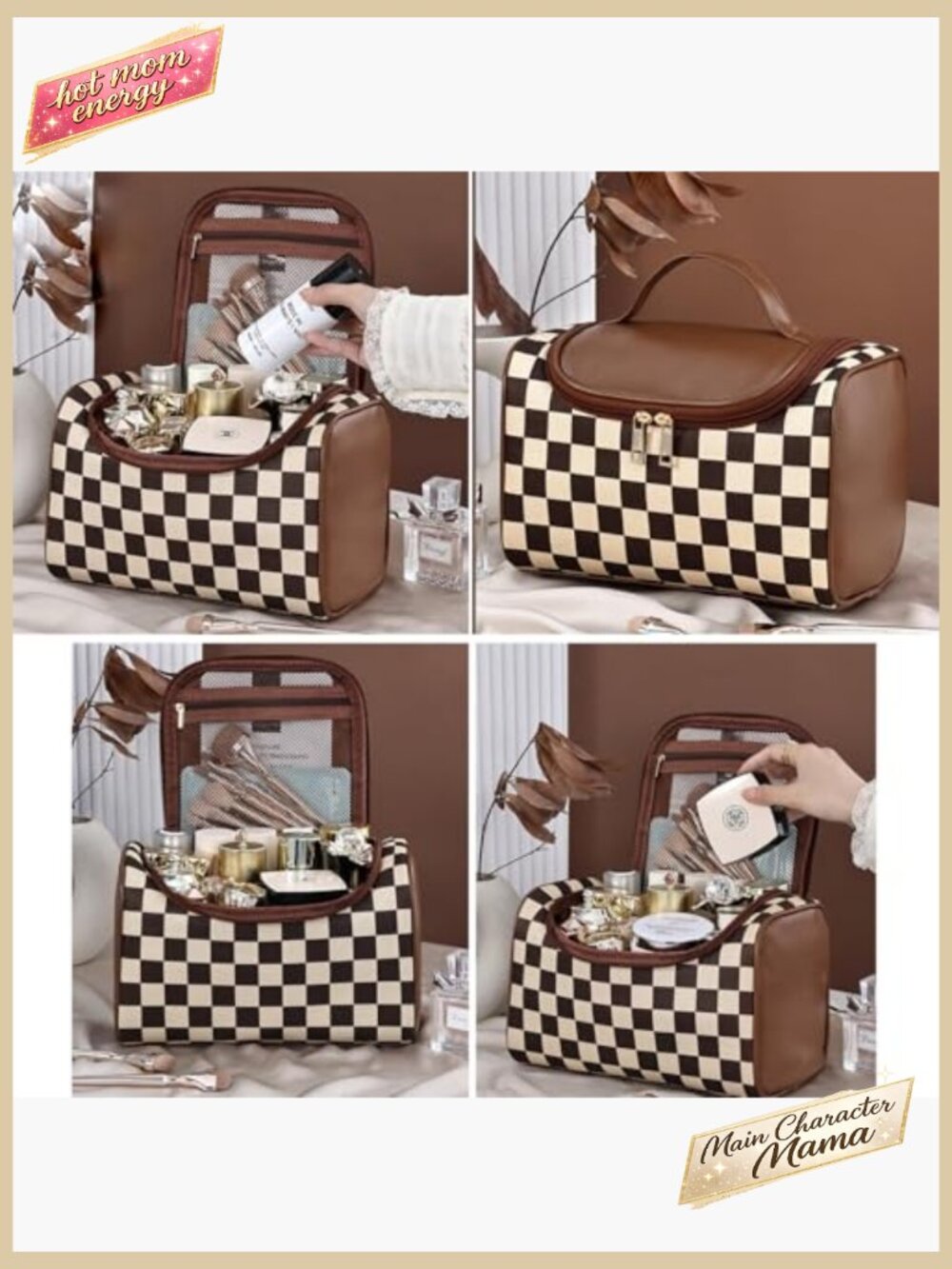 Checkered Pattern Cosmetic Bag Travel Portable Elegant Minimal Skincare Storage - Picture 6 of 7